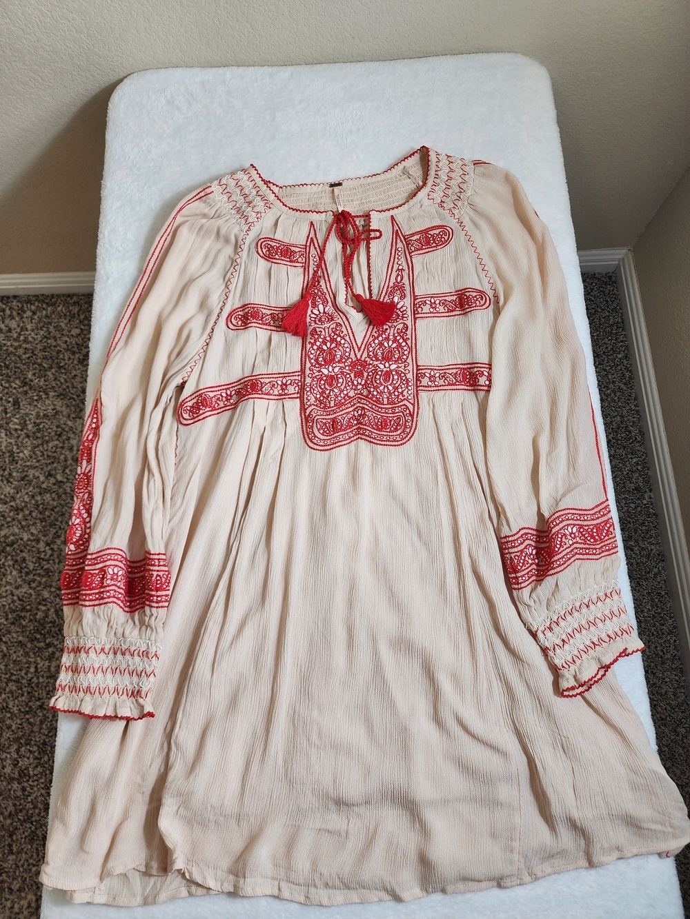 Free People Wind Willow Embroidered Mini Dress S Ivory Red Boho Peasant Dress - Picture 4 of 13